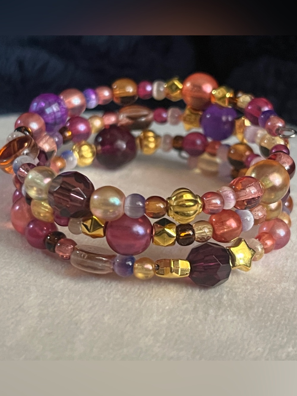 Hand Crafted Multicolor Glass & Gold-Tone Beaded Coil Bracelet